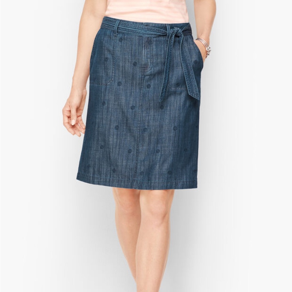 NWT Talbots Dark Blue Denim A-Line Skirt with embellishment Waist Tie Belt sz 16